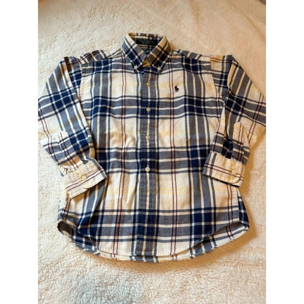 Polo By Ralph Lauren Boys 7 Cream Navy Plaid Flannel Button Shirt Fall School